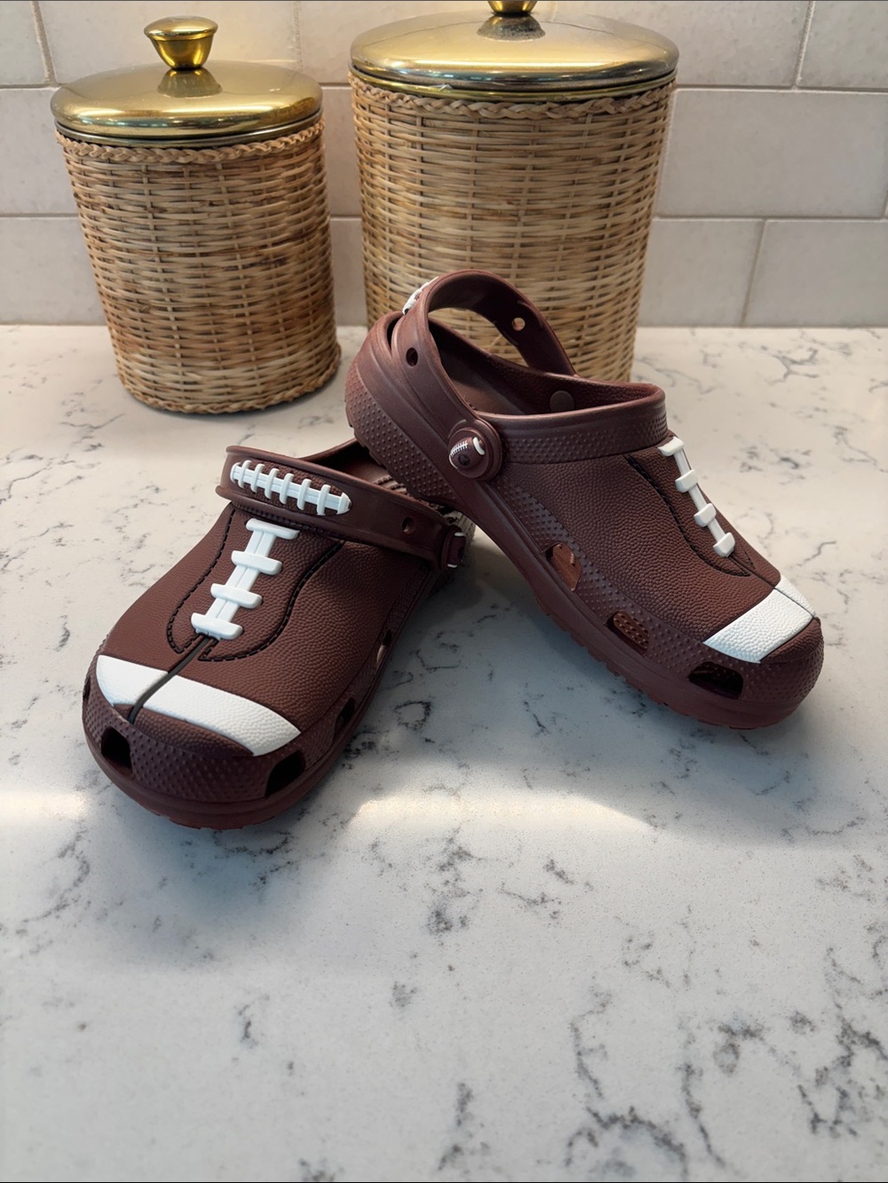 CROCS Kids Brown Football Clog Sandals with White Accents